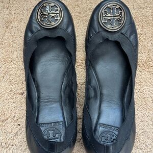 Tory Burch Black Flats with Gold Logo